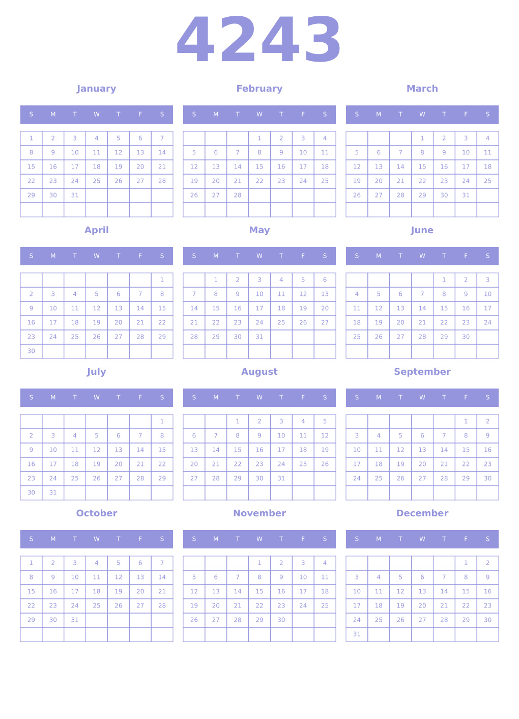 Printable 4243 Year Calendars periwinkle