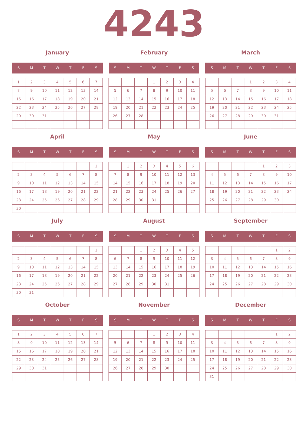 Printable 4243 Year Calendars puce