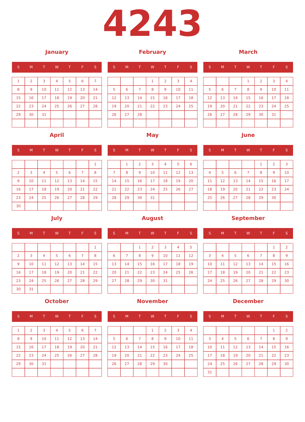 Printable 4243 Year Calendars red