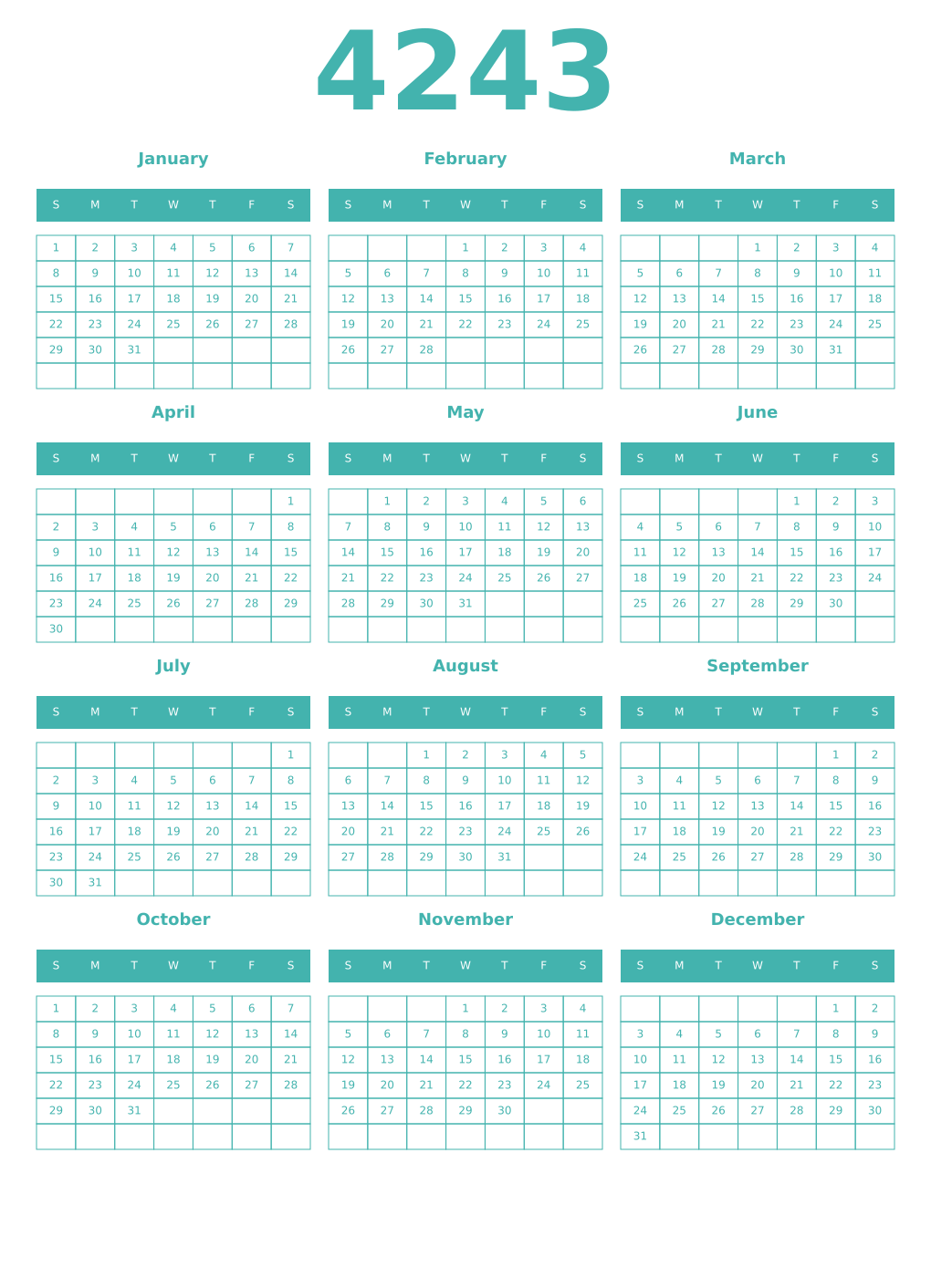 Printable 4243 Year Calendars verdigris