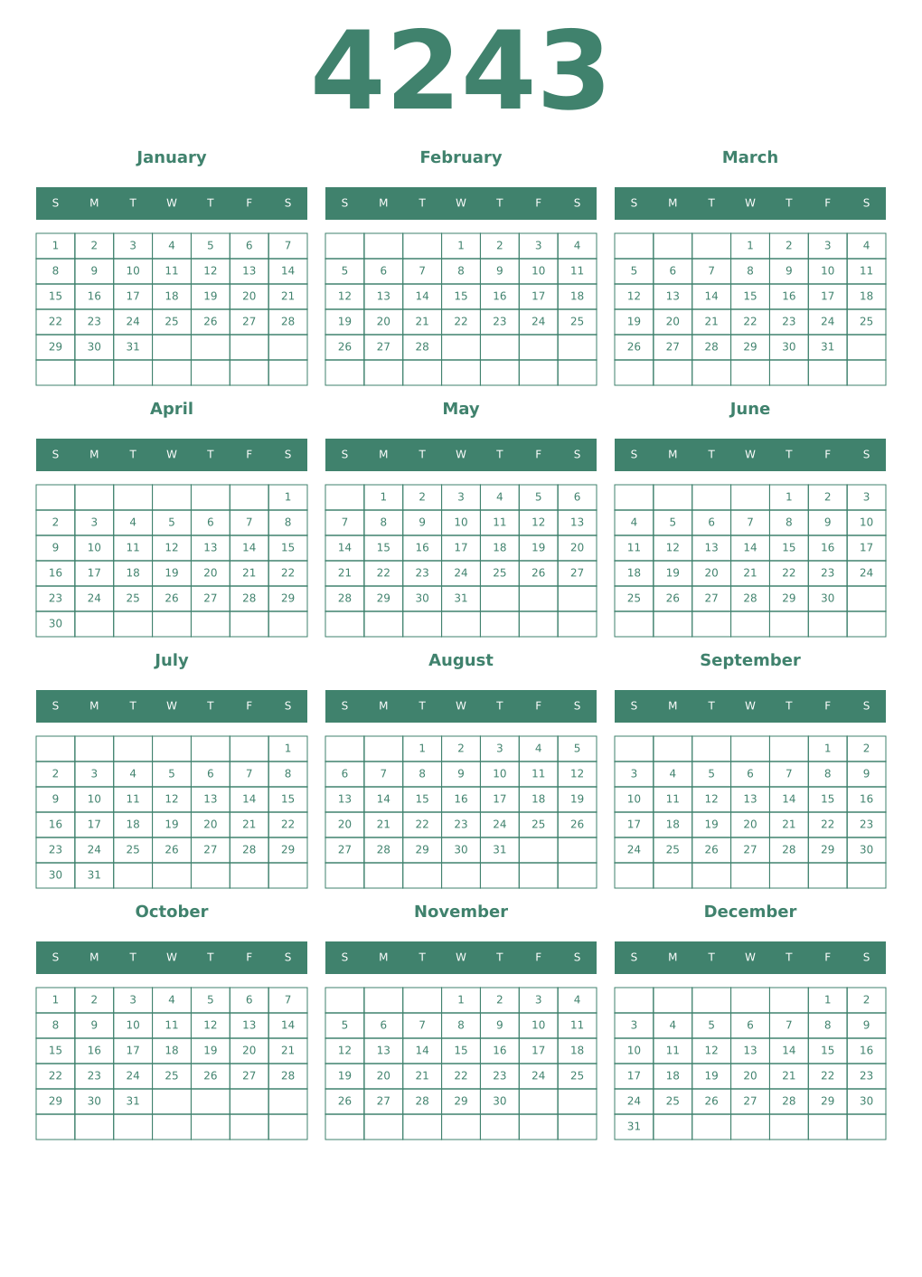 Printable 4243 Year Calendars viridian