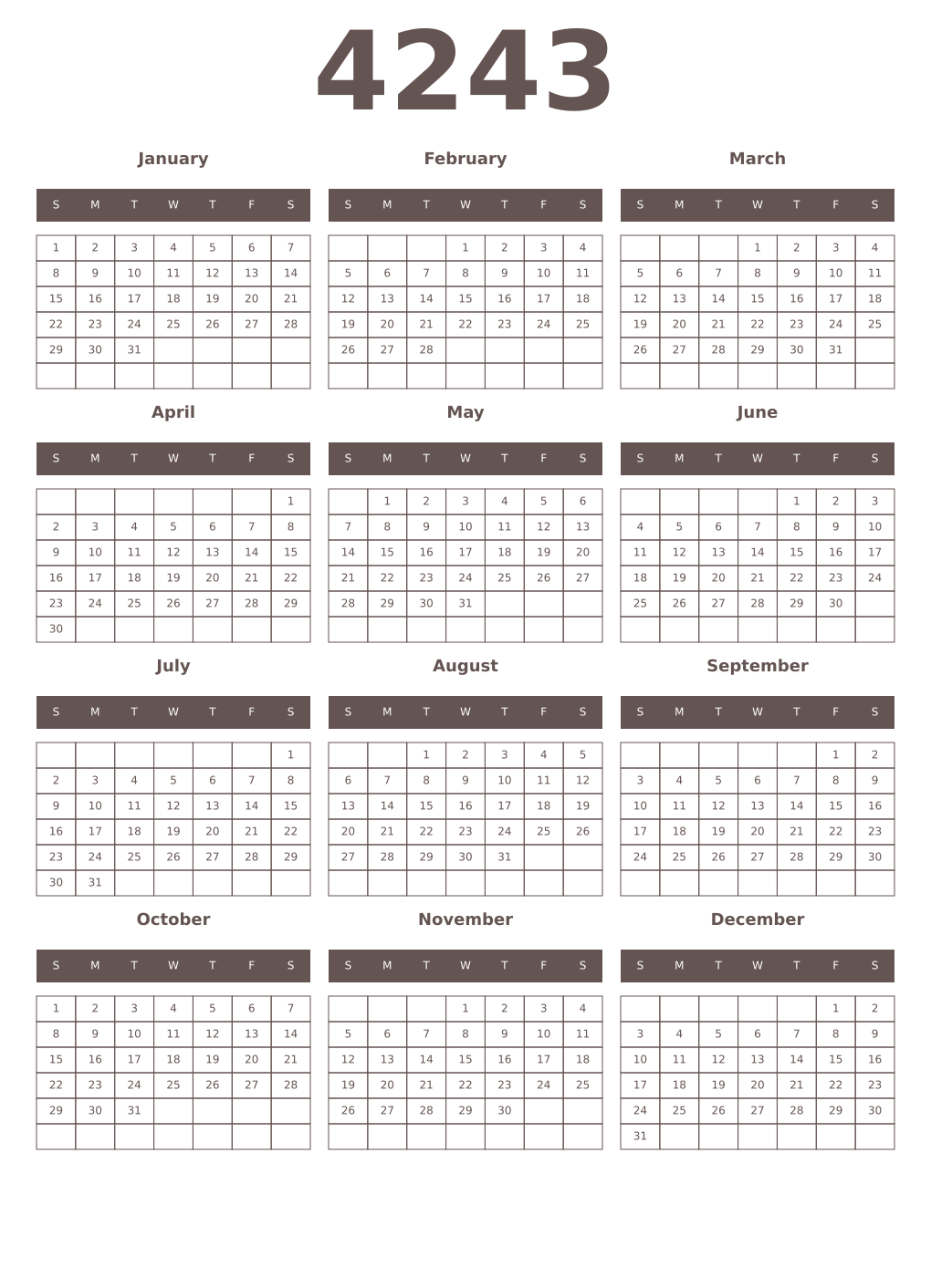 Printable 4243 Year Calendars wenge