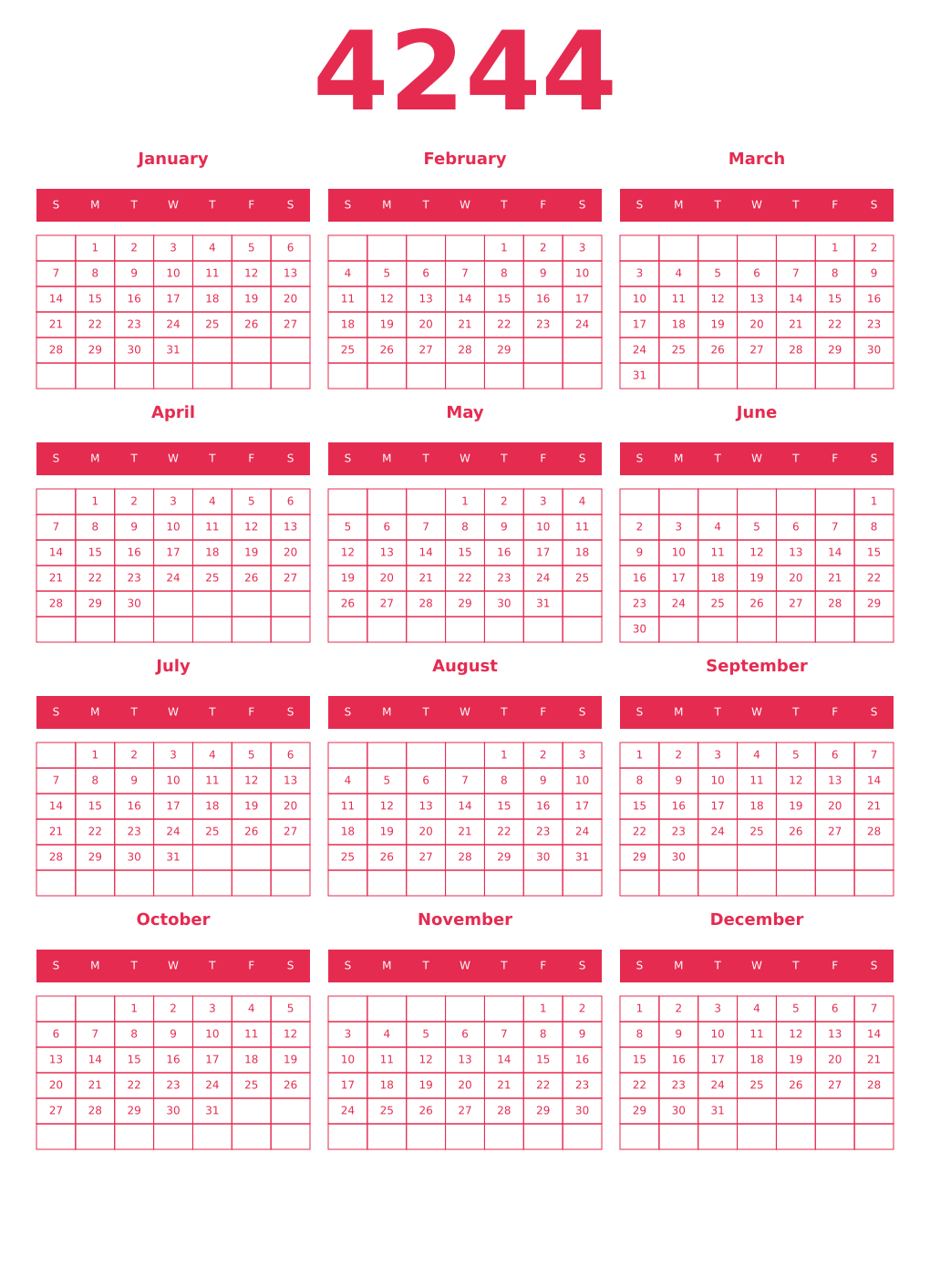 Printable 4244 Year Calendars amaranth