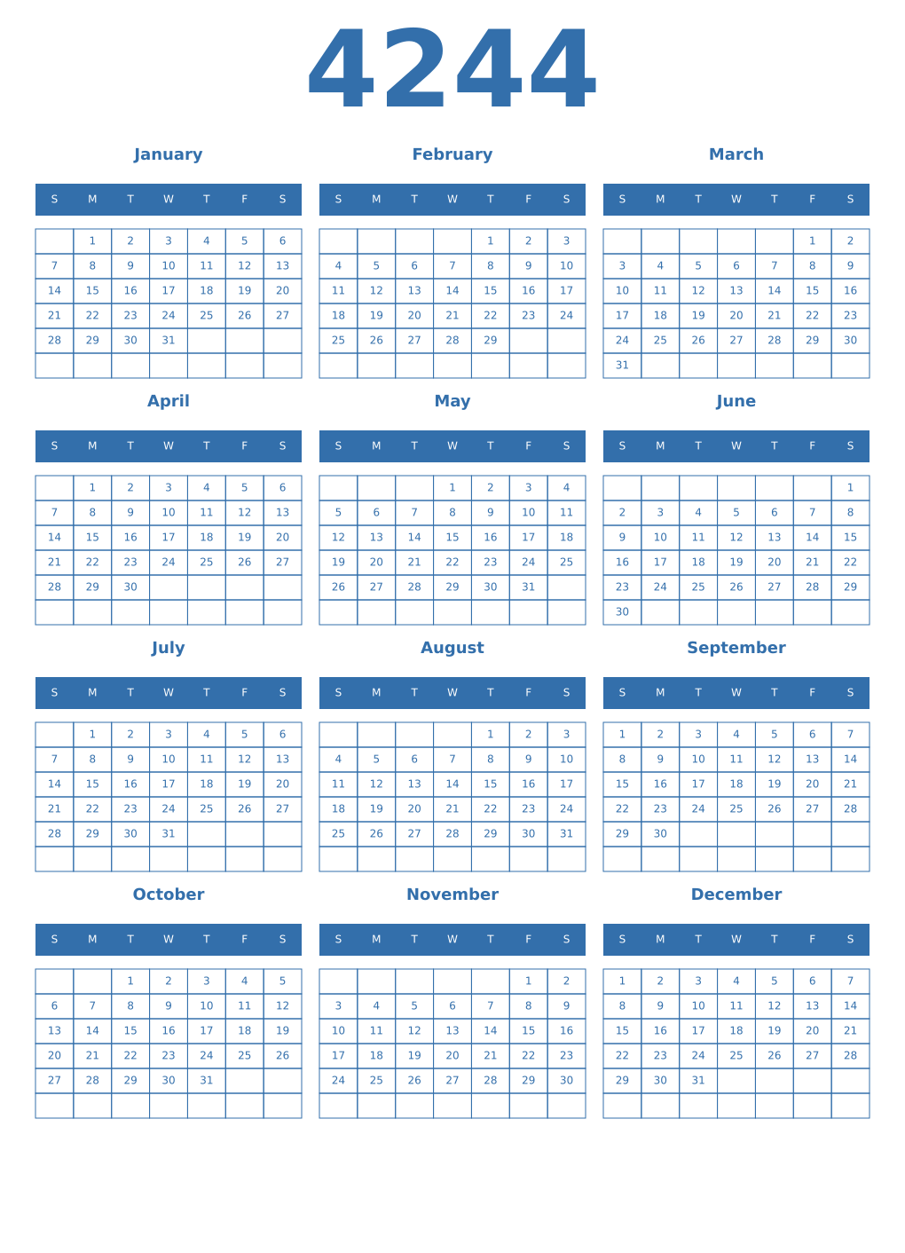 Printable 4244 Year Calendars blue