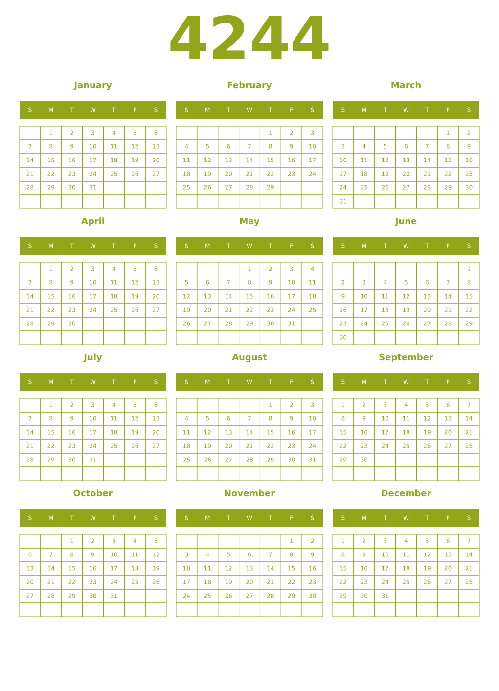 Printable 4244 Year Calendars chartreuse