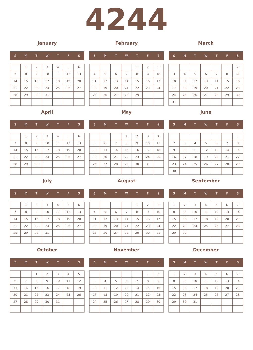 Printable 4244 Year Calendars coffe