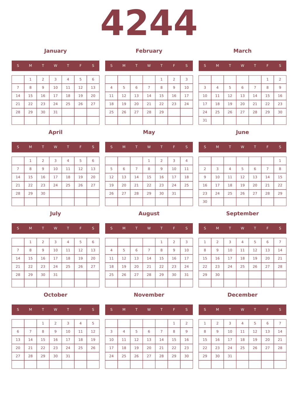 Printable 4244 Year Calendars cordovan