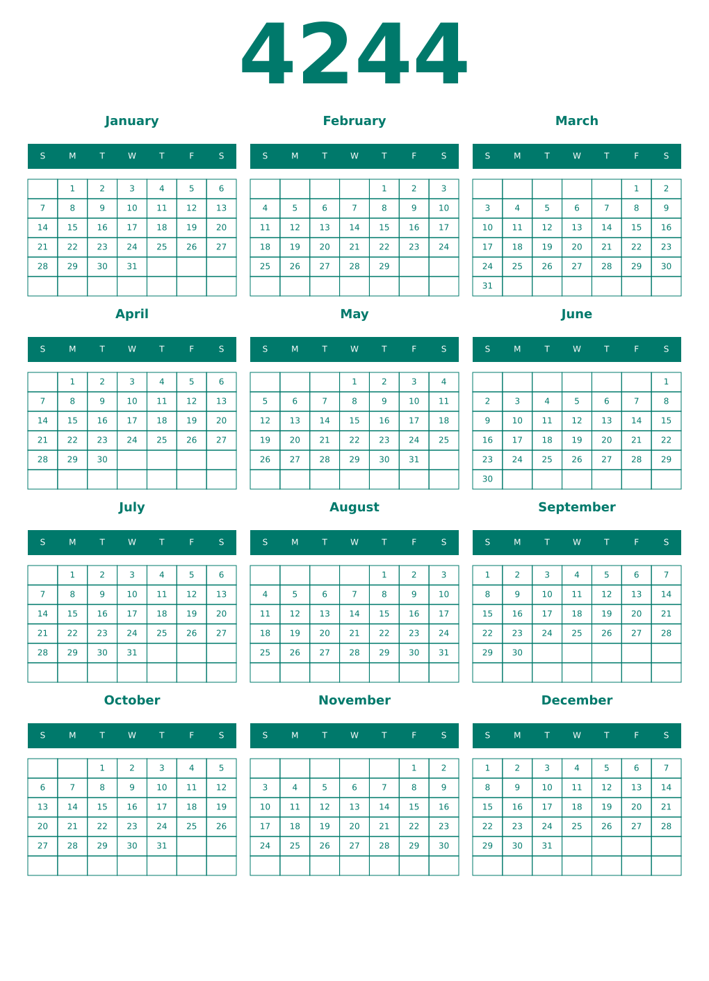 Printable 4244 Year Calendars pastel