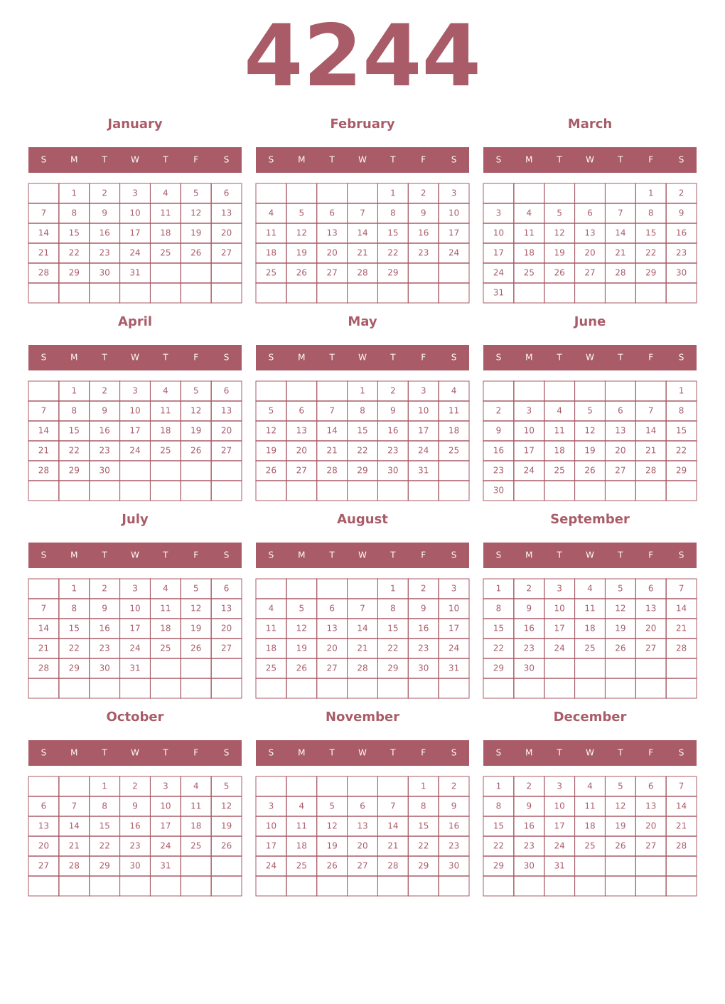 Printable 4244 Year Calendars puce