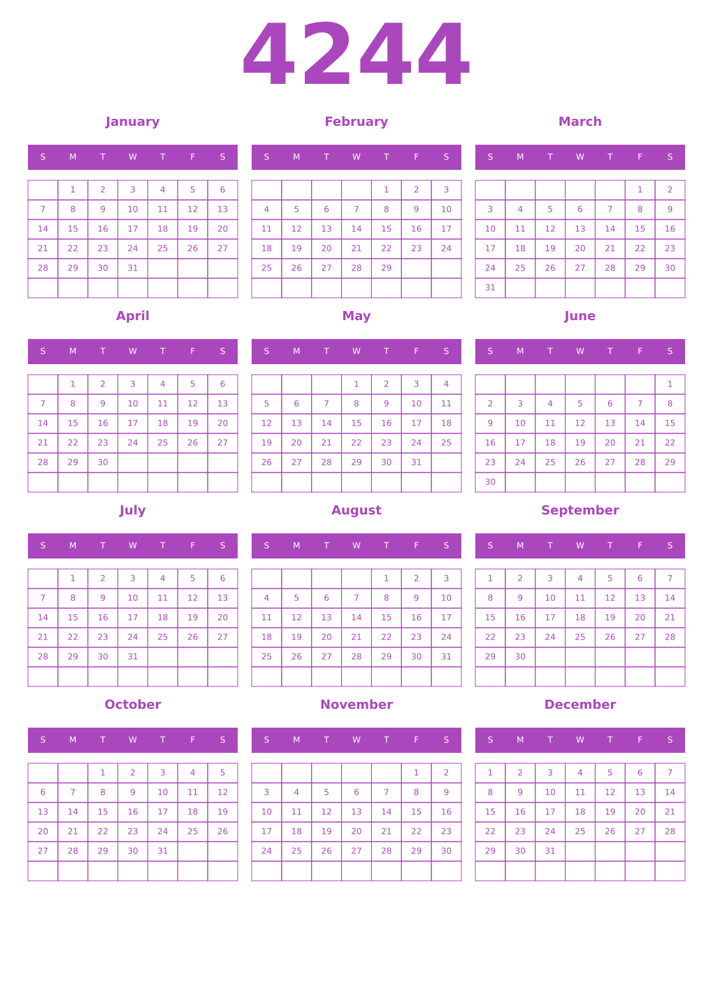 Printable 4244 Year Calendars purple