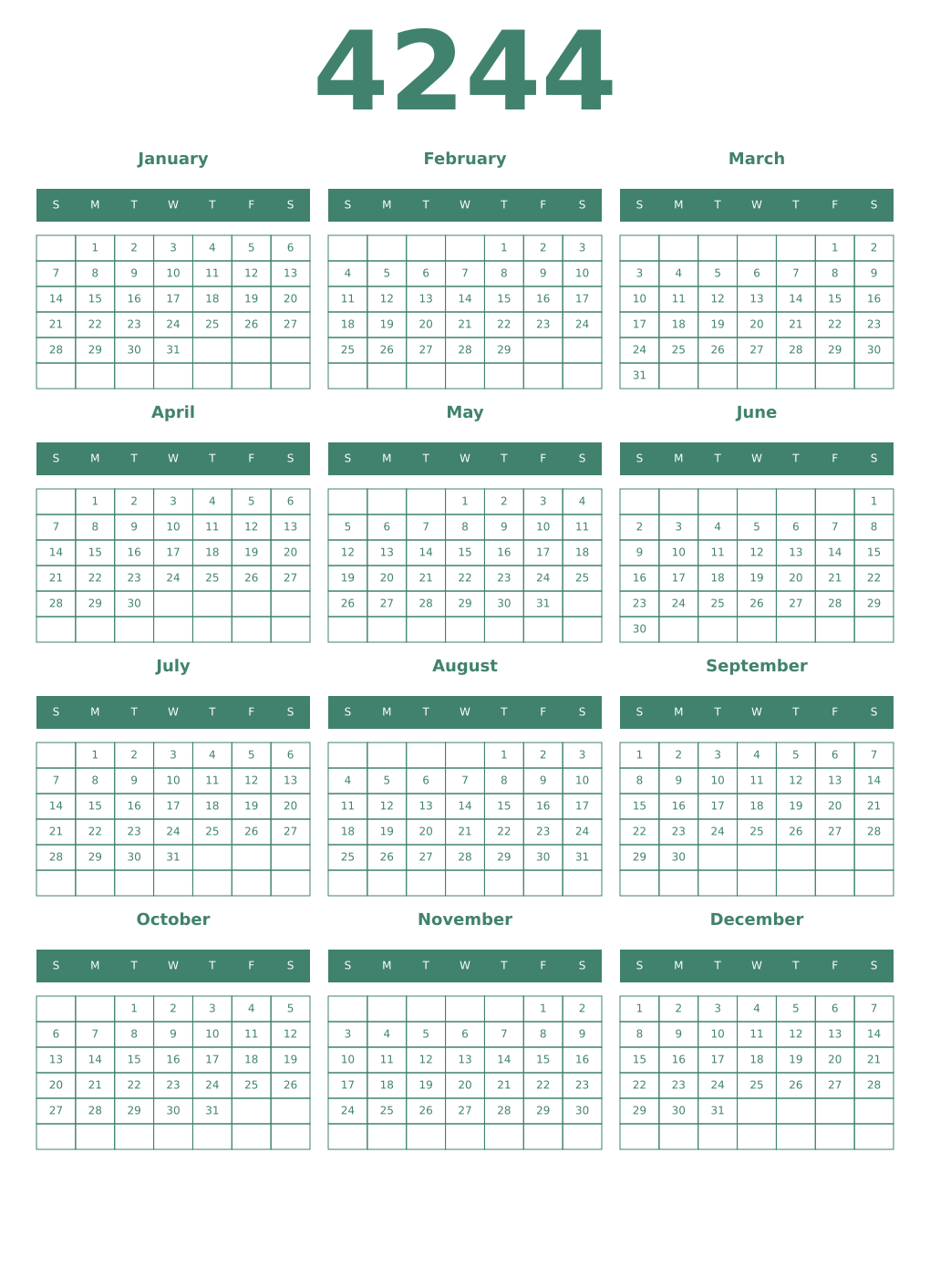 Printable 4244 Year Calendars viridian