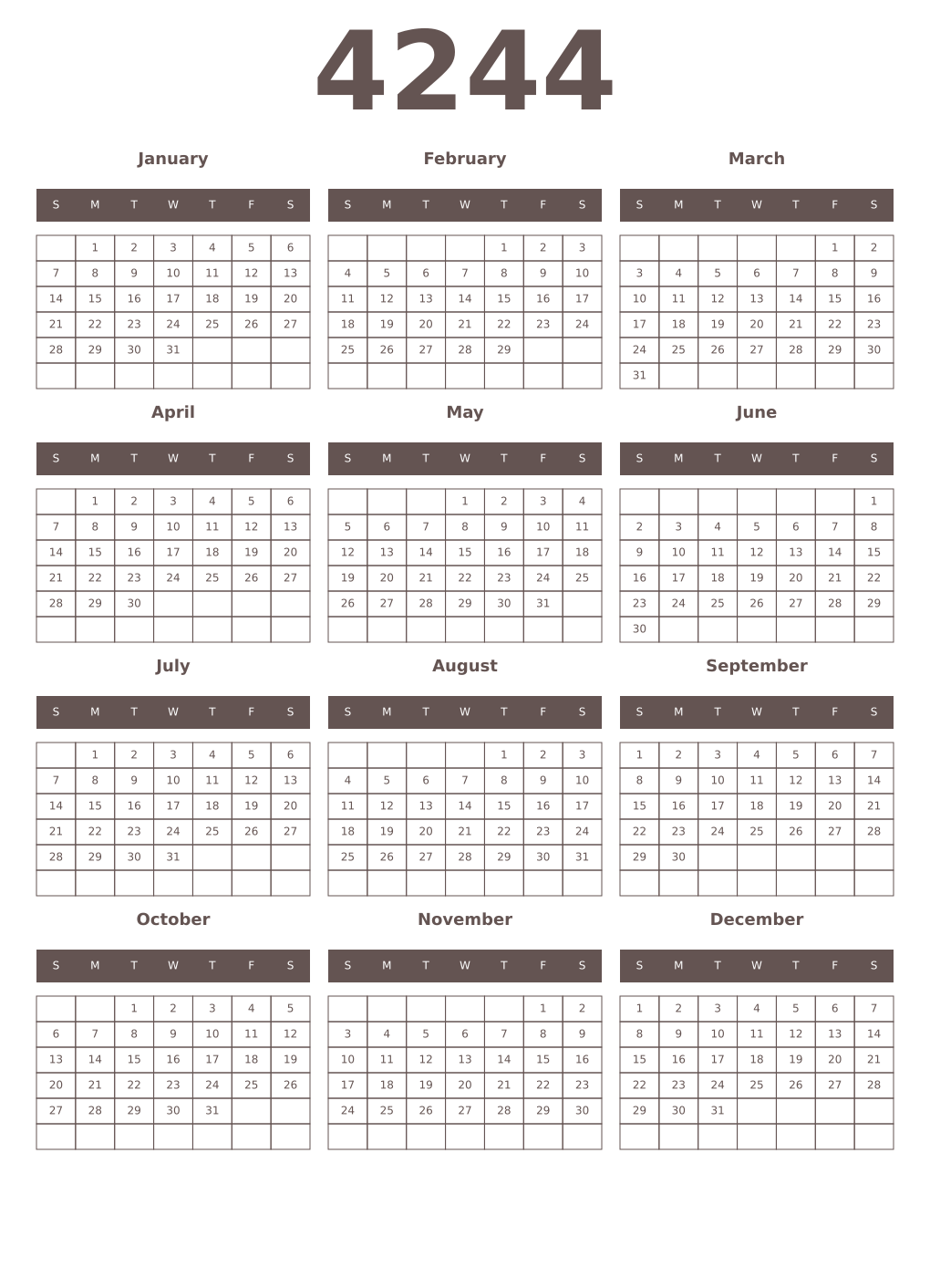 Printable 4244 Year Calendars wenge