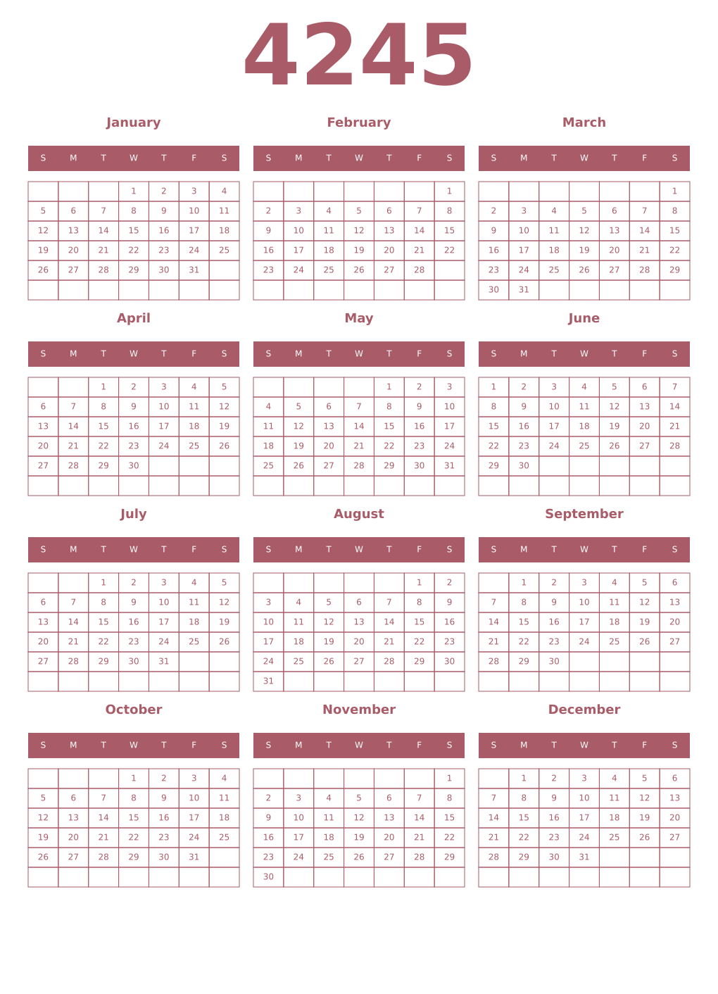 Printable 4245 Year Calendars puce