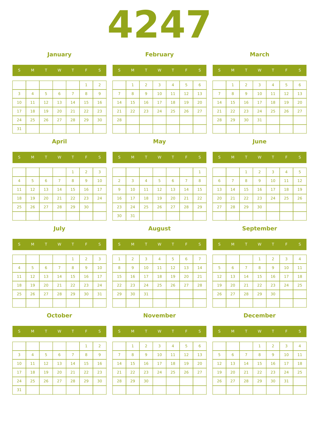 Printable 4247 Year Calendars chartreuse