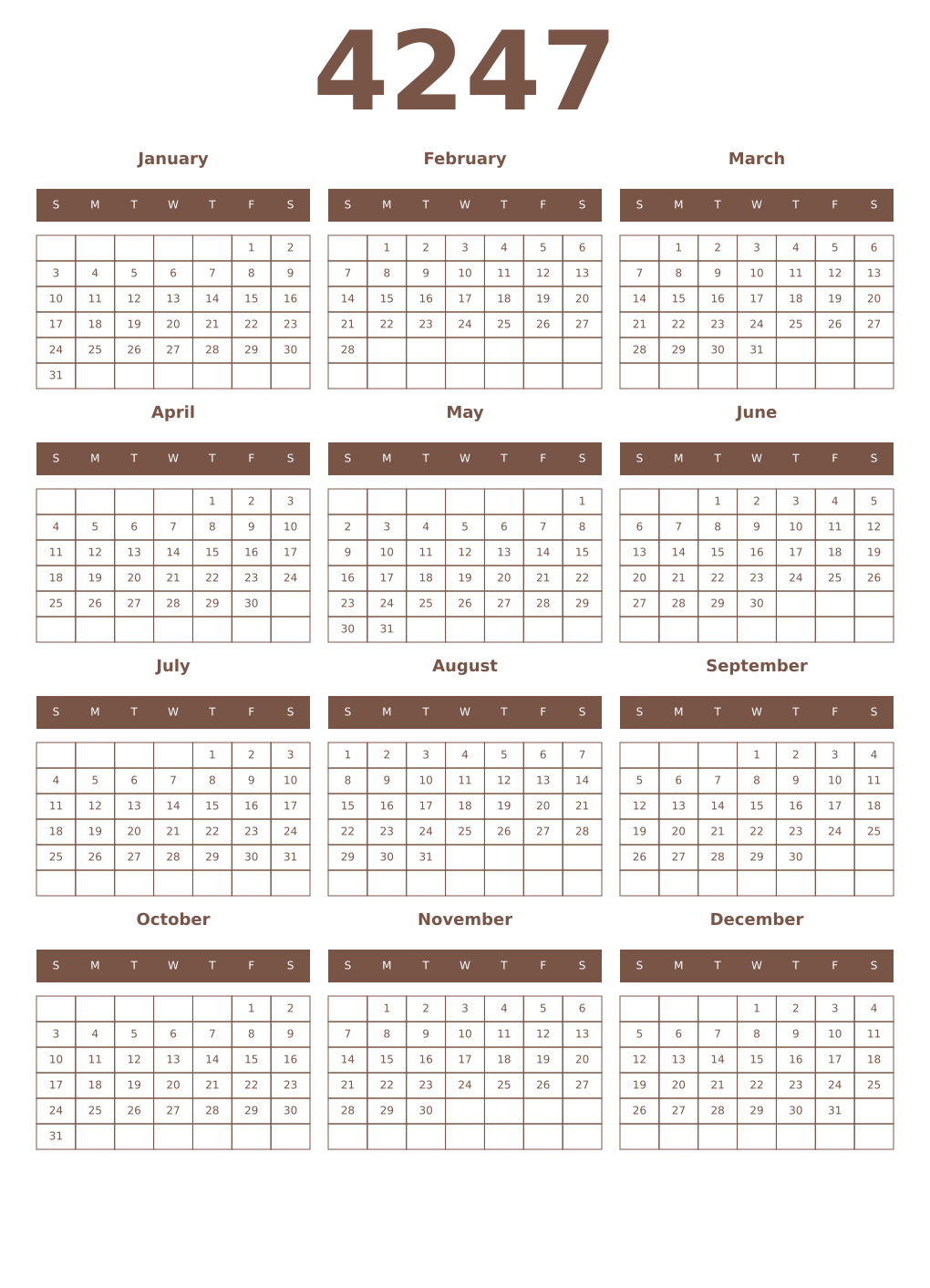 Printable 4247 Year Calendars coffe