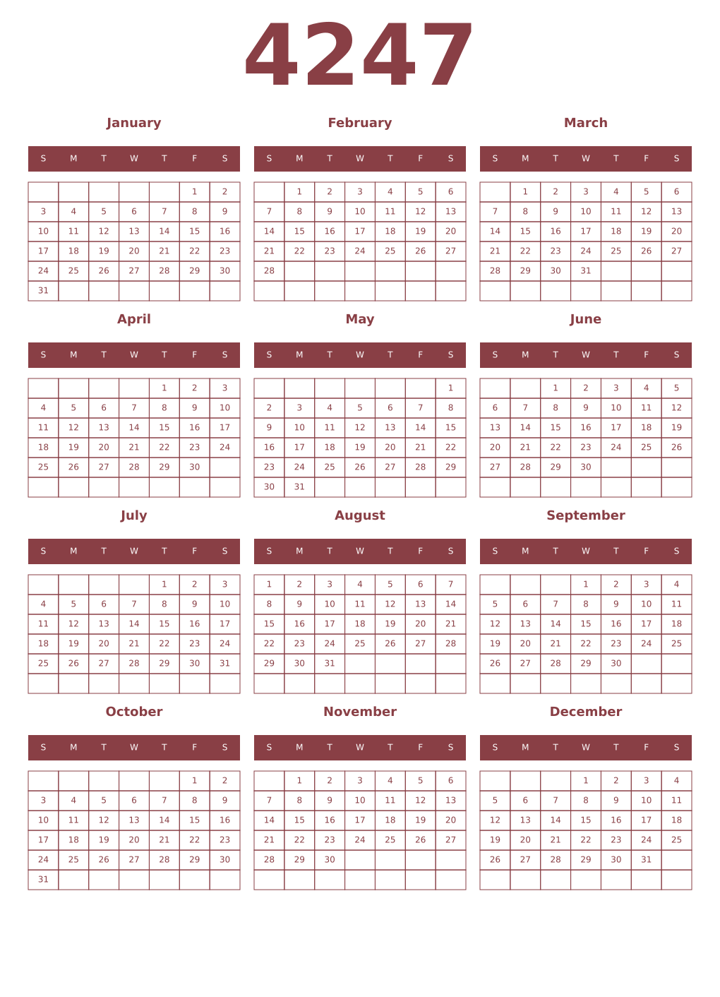 Printable 4247 Year Calendars cordovan