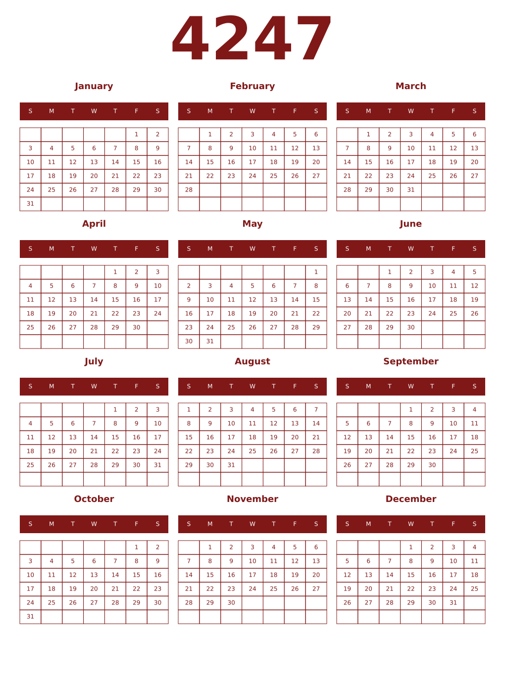 Printable 4247 Year Calendars falu