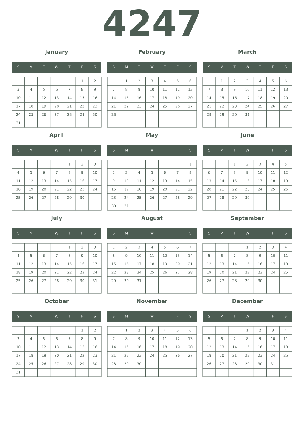 Printable 4247 Year Calendars feldgrau