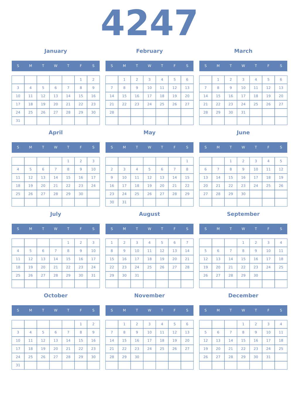 Printable 4247 Year Calendars glaucous