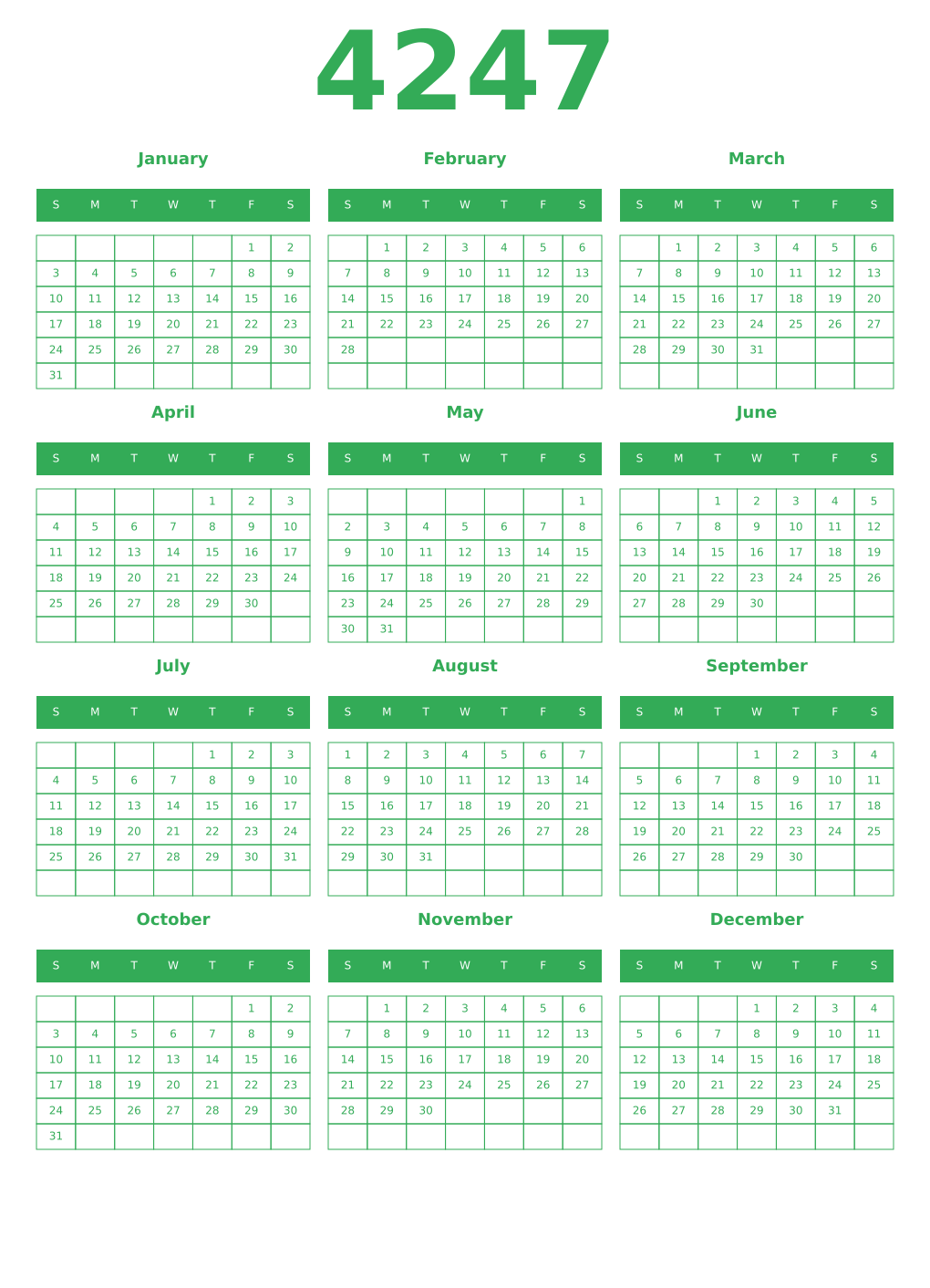 Printable 4247 Year Calendars green