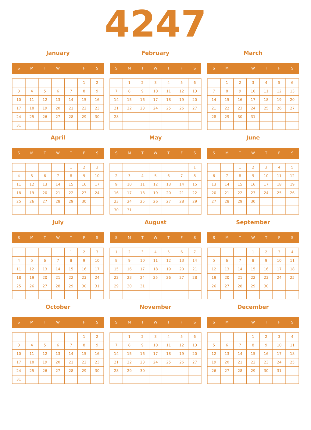 Printable 4247 Year Calendars orange