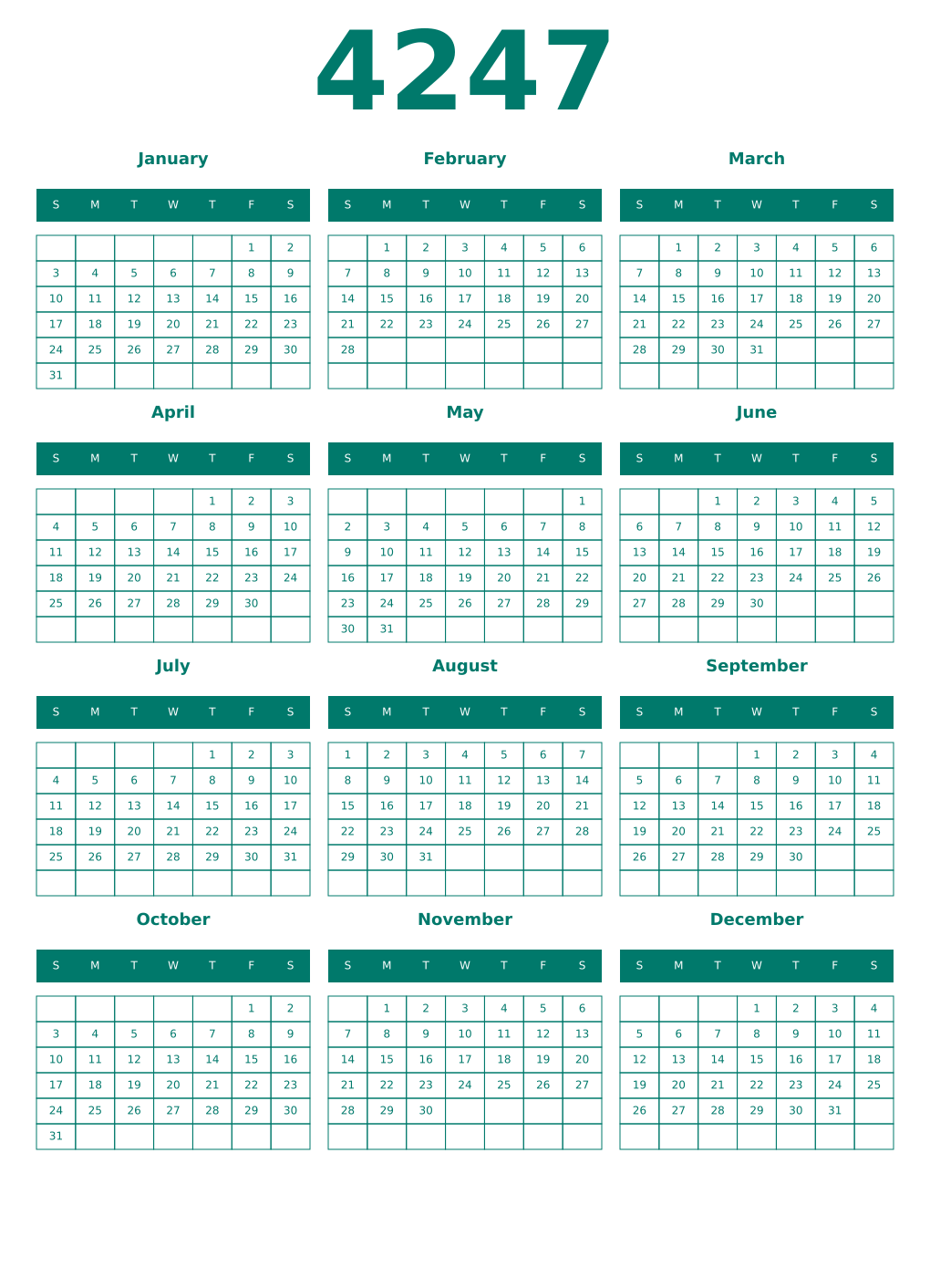 Printable 4247 Year Calendars pastel