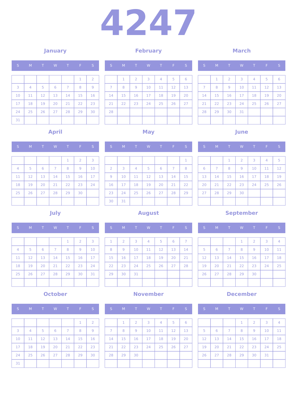 Printable 4247 Year Calendars periwinkle