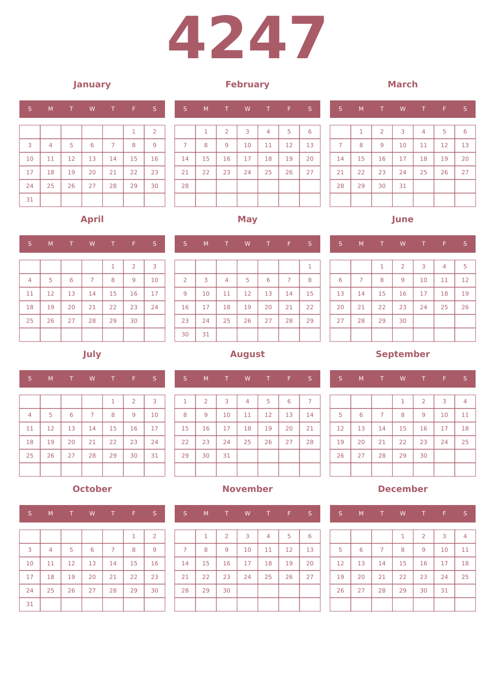 Printable 4247 Year Calendars puce