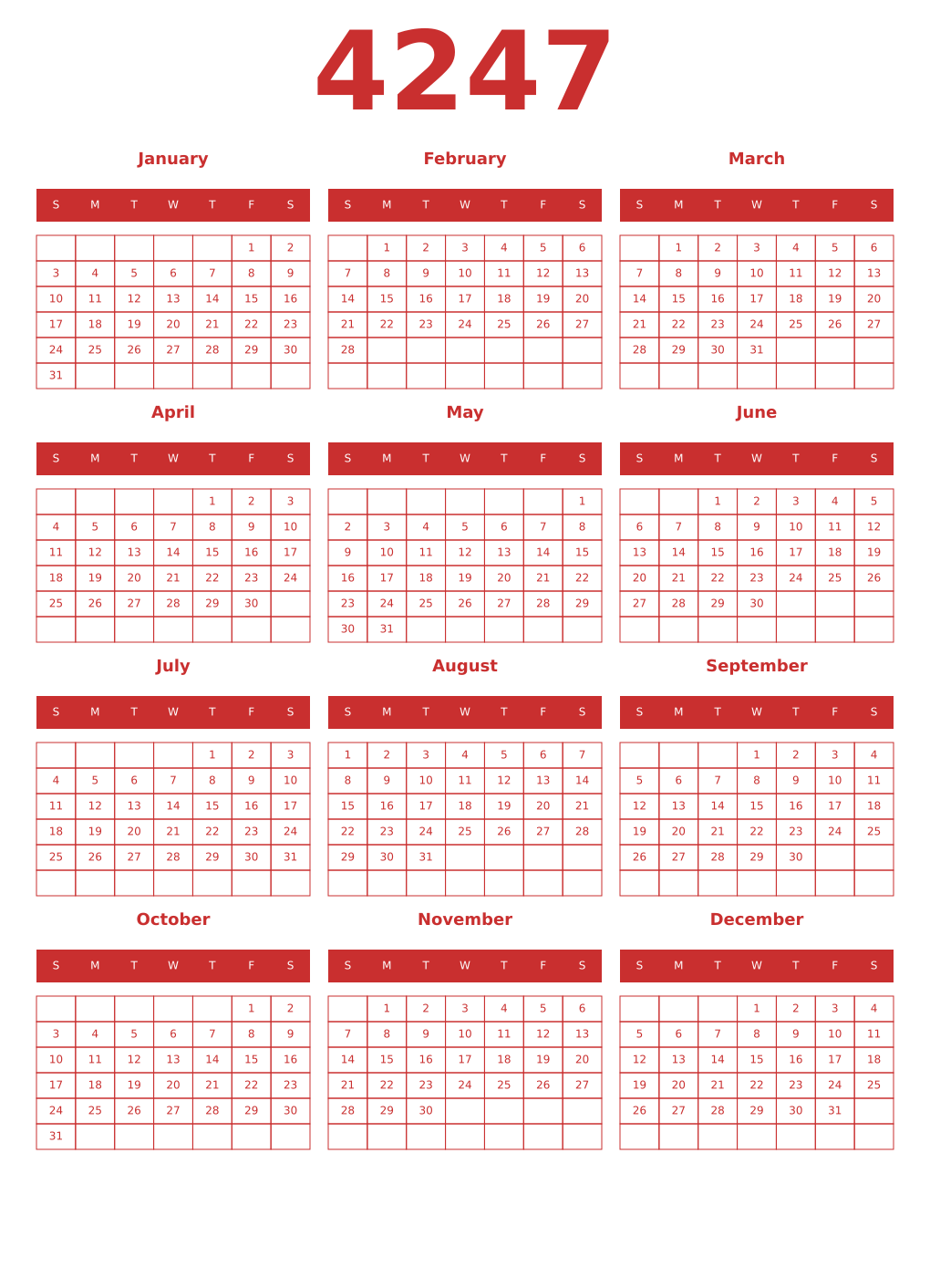 Printable 4247 Year Calendars red
