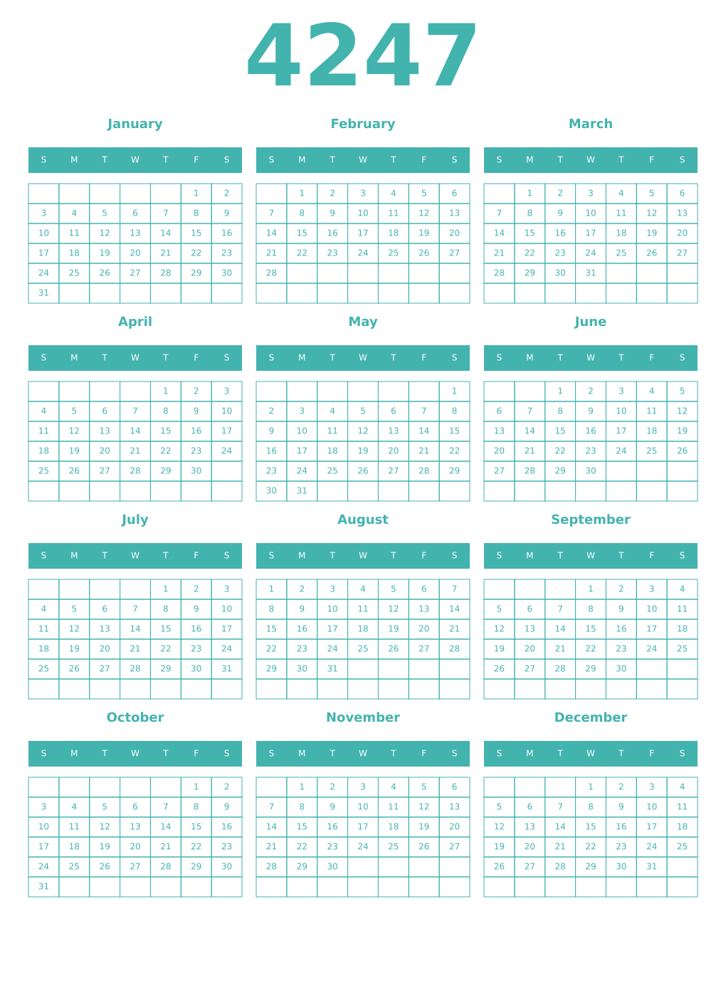 Printable 4247 Year Calendars verdigris