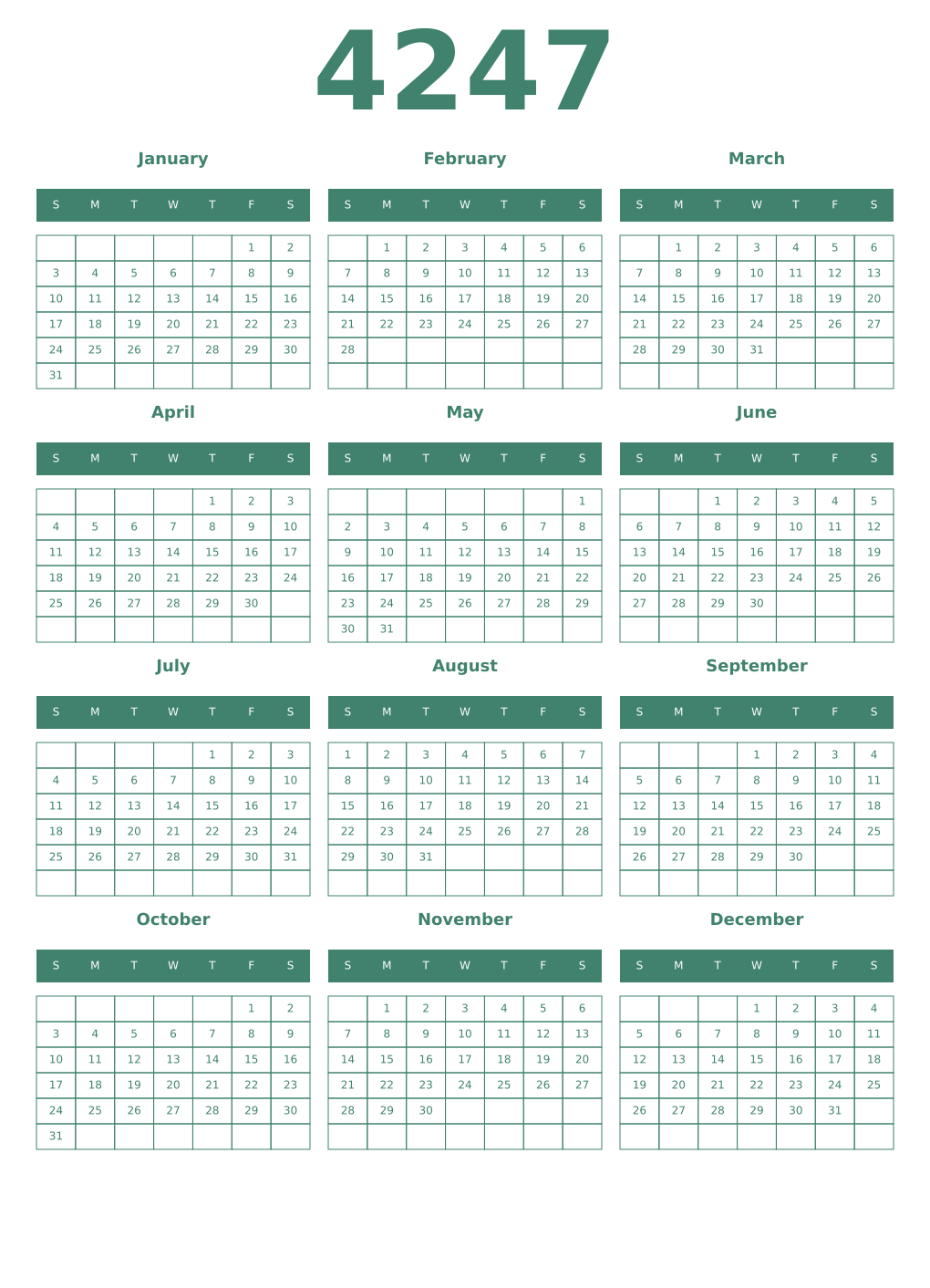 Printable 4247 Year Calendars viridian