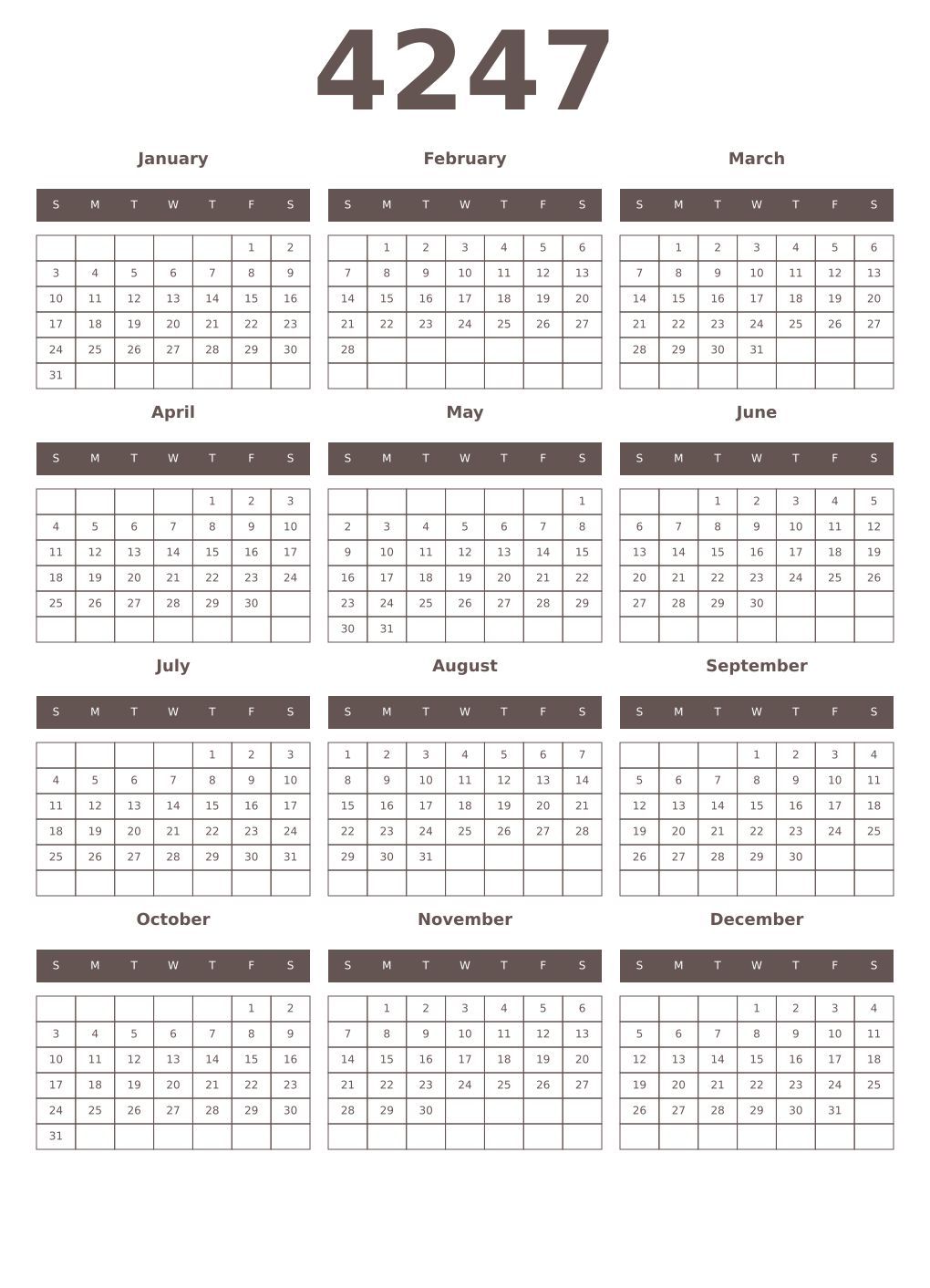 Printable 4247 Year Calendars wenge