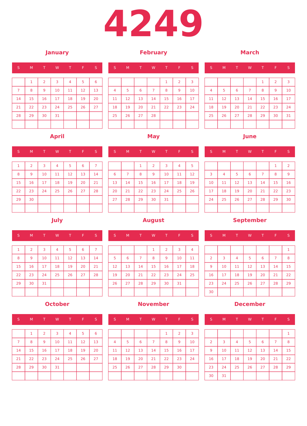 Printable 4249 Year Calendars amaranth