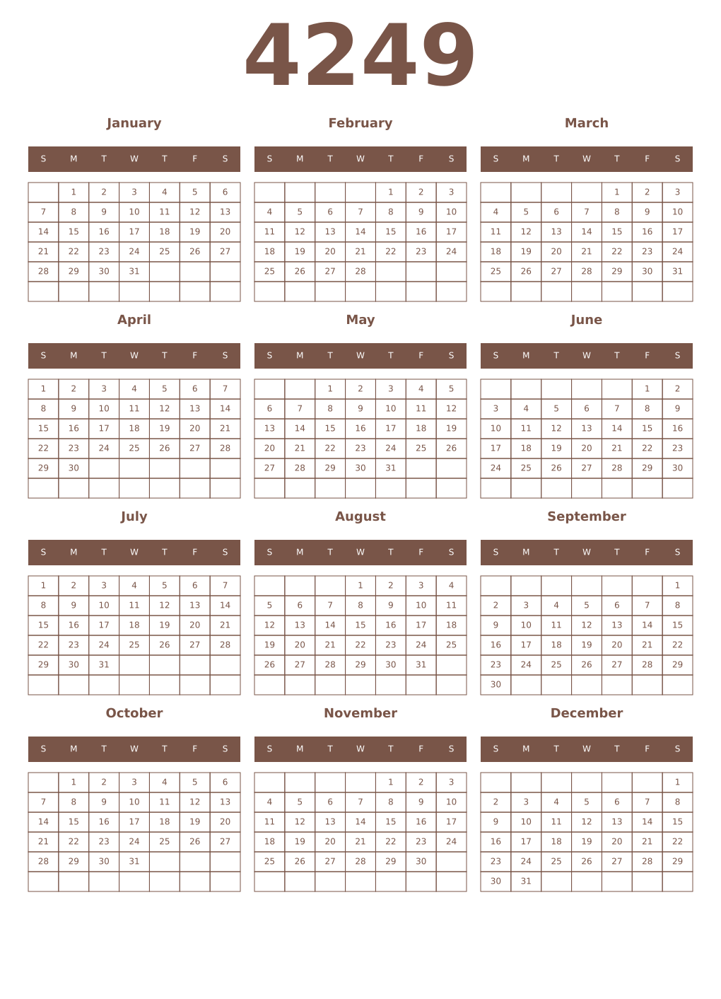 Printable 4249 Year Calendars coffe