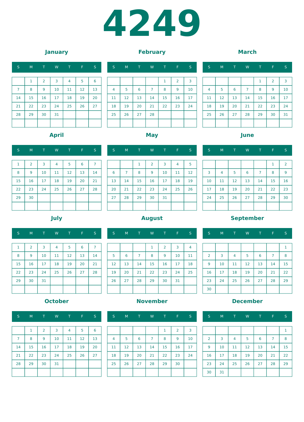 Printable 4249 Year Calendars pastel