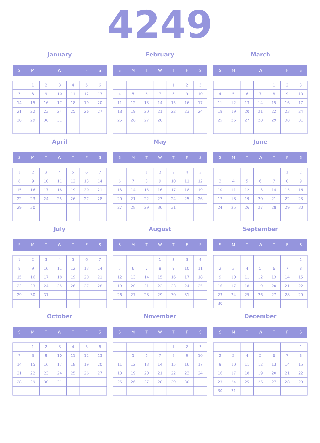 Printable 4249 Year Calendars periwinkle