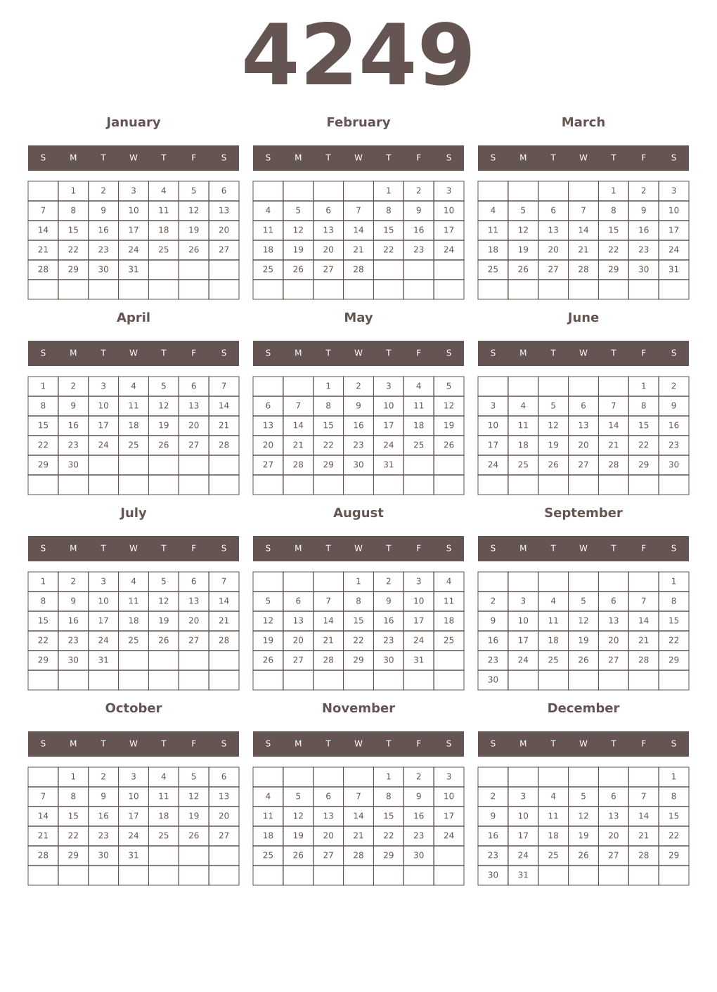 Printable 4249 Year Calendars wenge