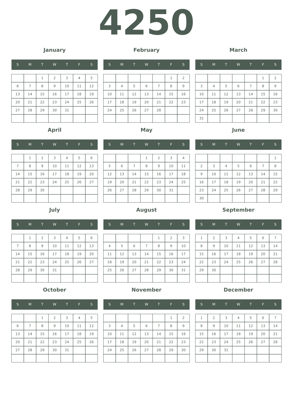 Printable 4250 Year Calendars feldgrau