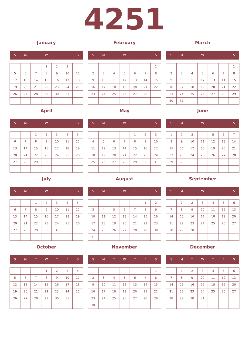 Printable 4251 Year Calendars cordovan