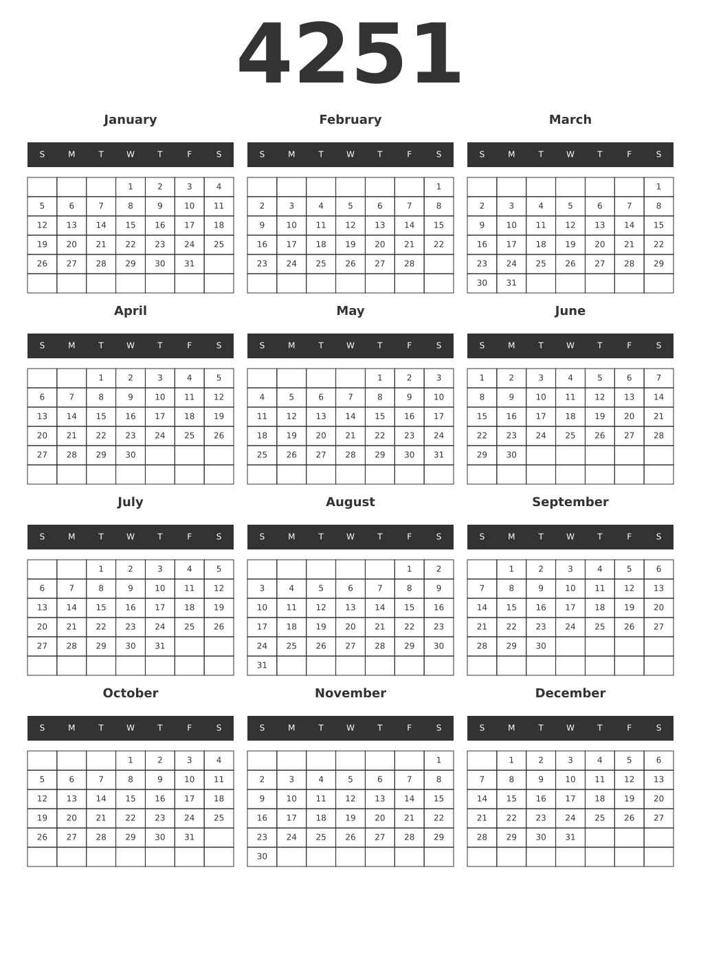 Printable 4251 Year Calendars dark