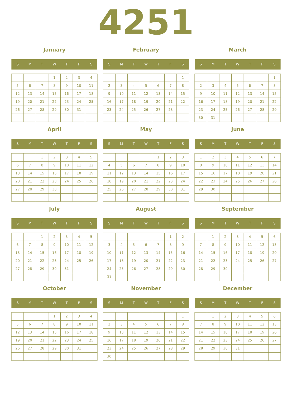 Printable 4251 Year Calendars eburnean