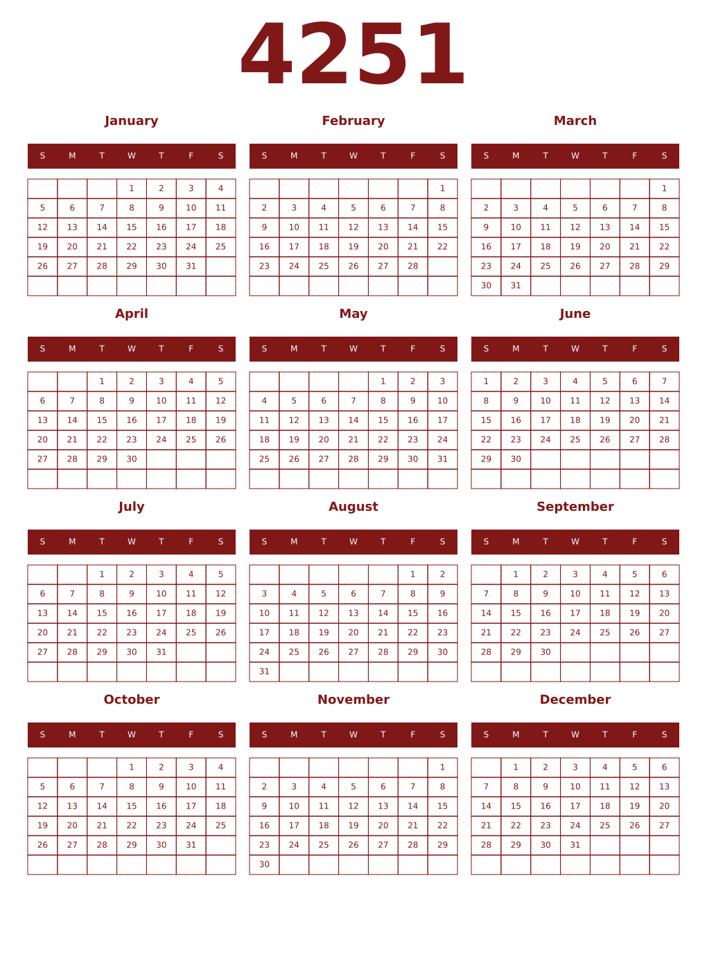 Printable 4251 Year Calendars falu