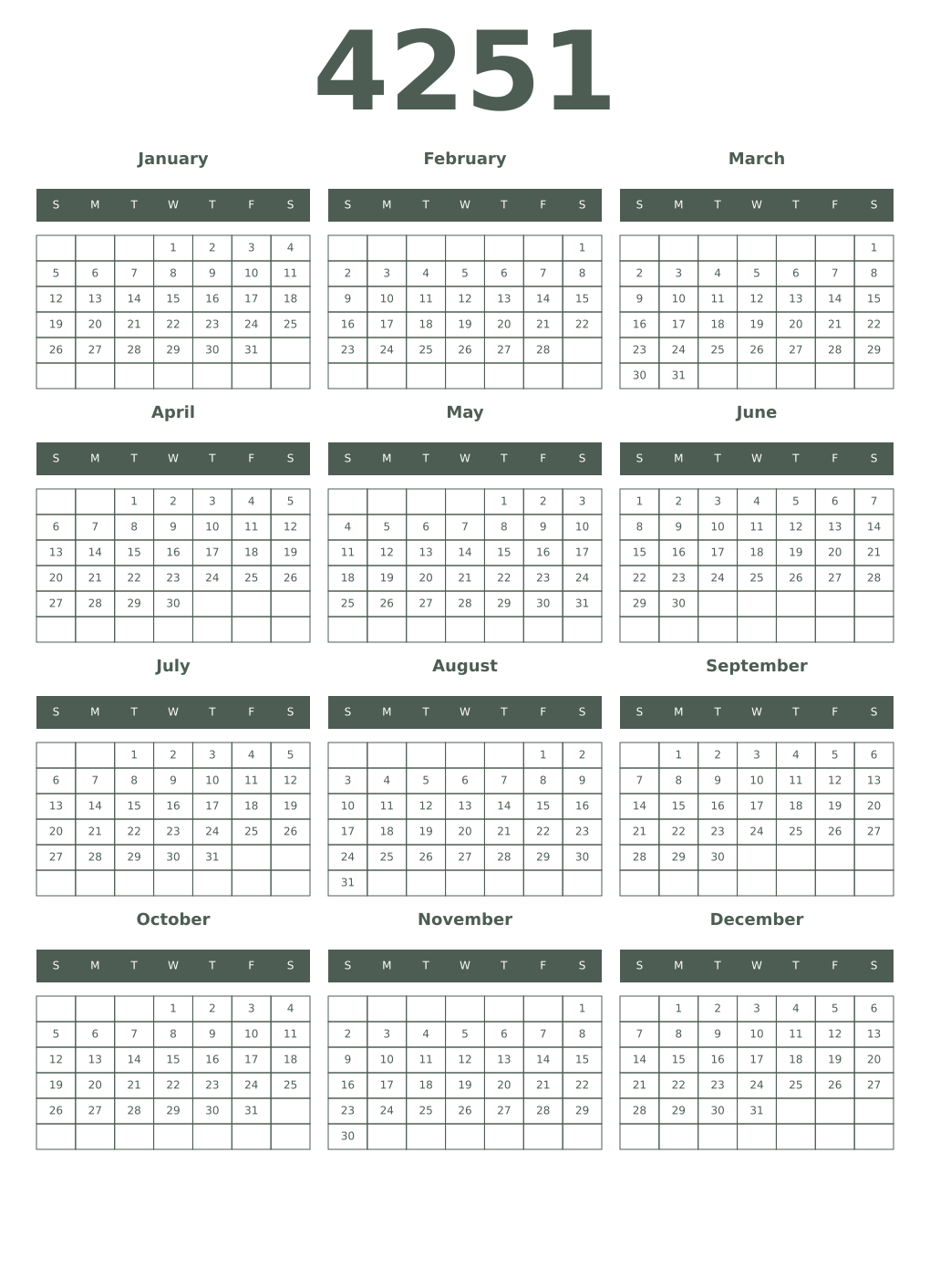 Printable 4251 Year Calendars feldgrau