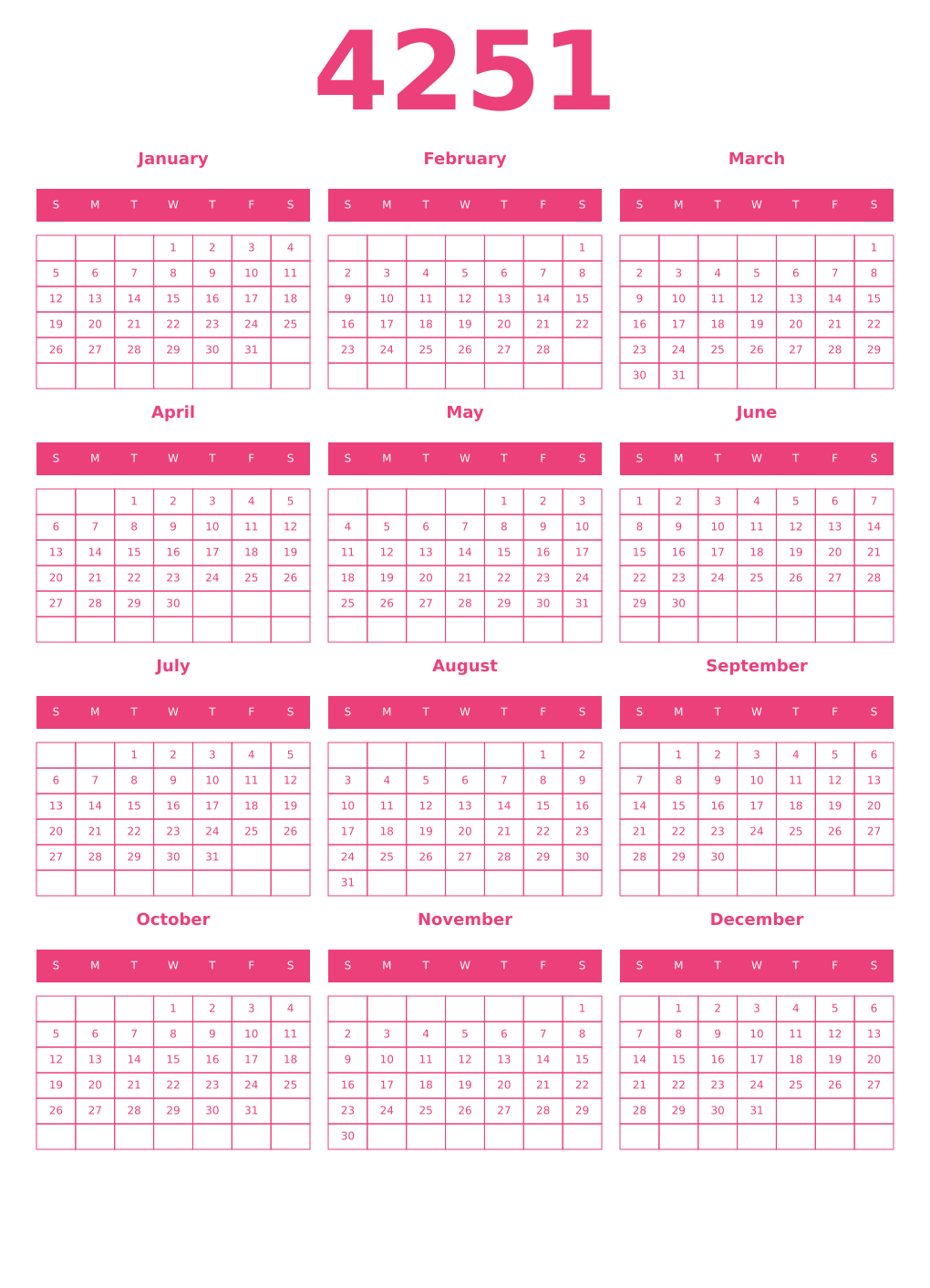 Printable 4251 Year Calendars pink