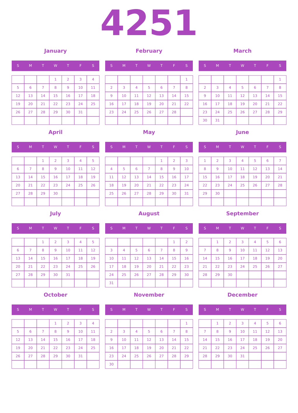 Printable 4251 Year Calendars purple