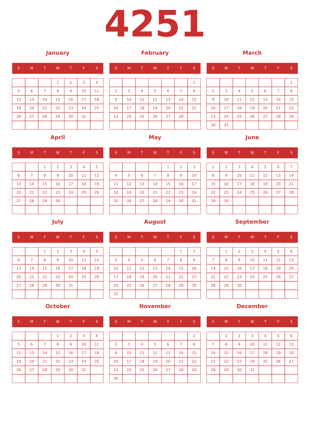 Printable 4251 Year Calendars red