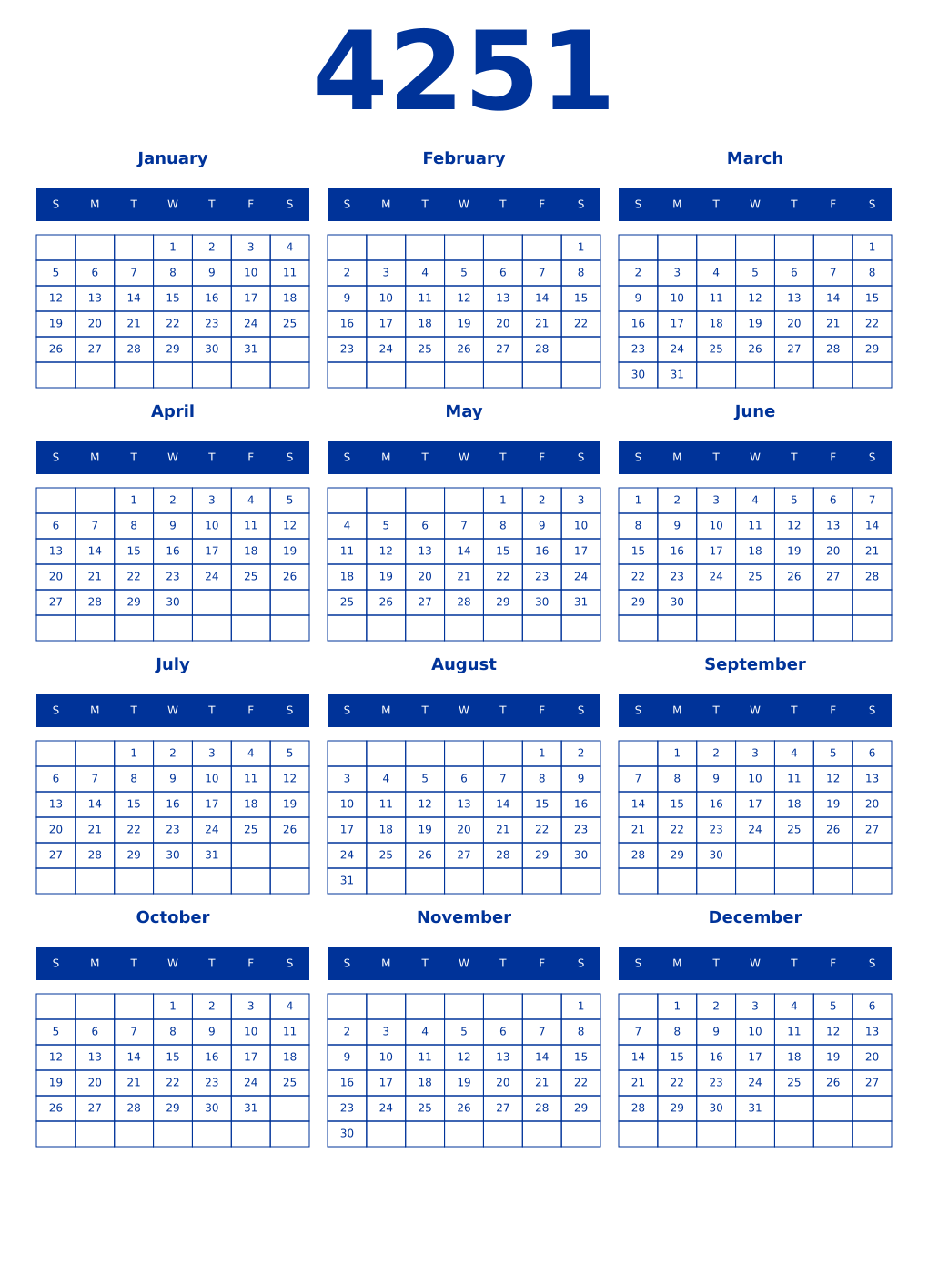 Printable 4251 Year Calendars smalt