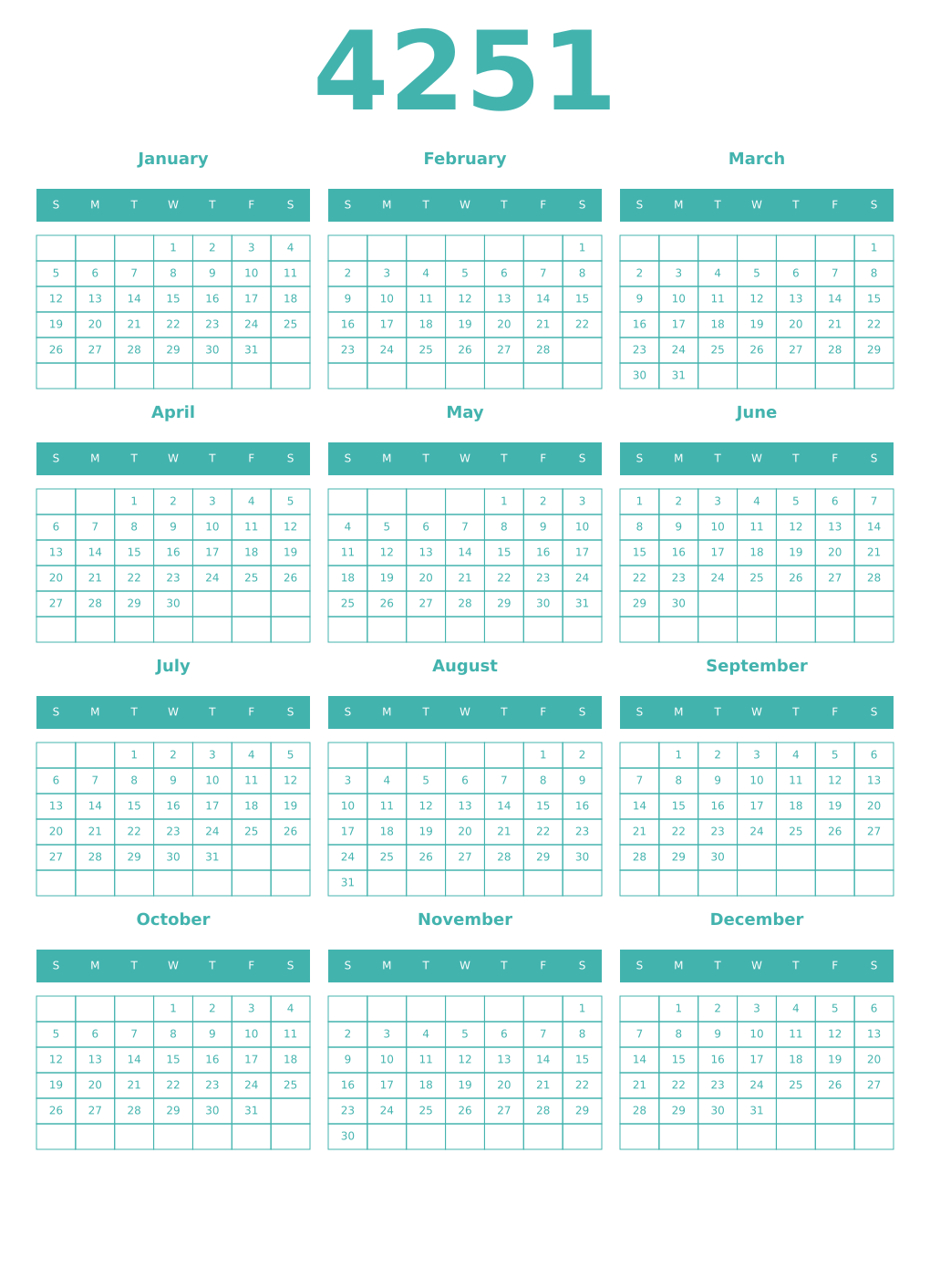 Printable 4251 Year Calendars verdigris