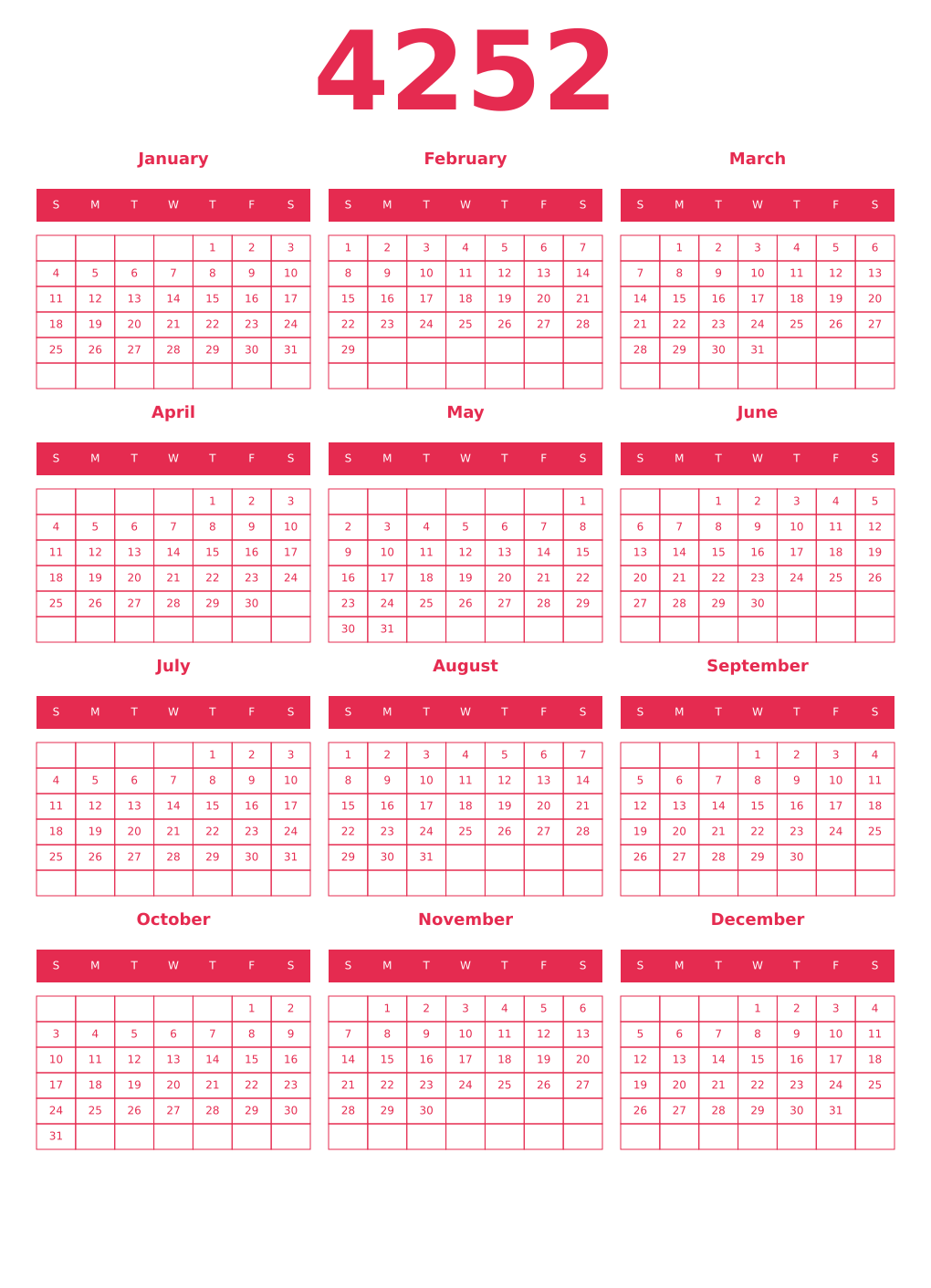 Printable 4252 Year Calendars amaranth