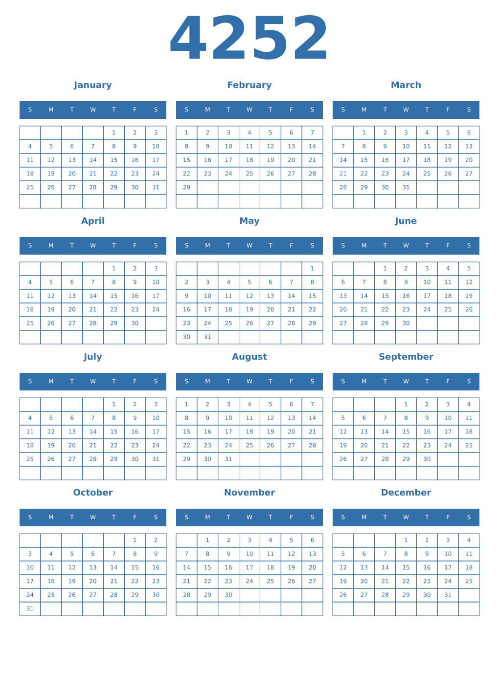 Printable 4252 Year Calendars blue